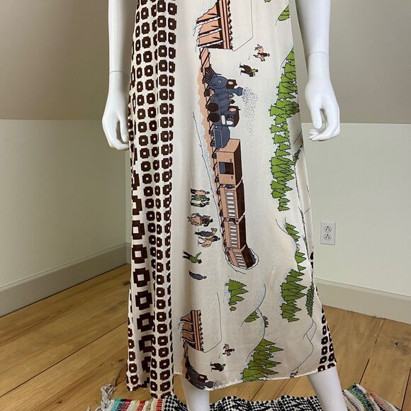 Vintage 70s Novelty Train Western Horse Cowboy Nightgown Caftan Maxi Dress M/L - Picture 7 of 14